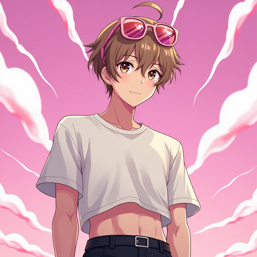 1boy avec les cheveux brun clair courts avec des yeux brun foncé et des lunette ovale rose blanc sur la tête avec un crop top avec des manches courtes en laine blanc et un cargo noir et il est fort rapproché de la caméra on voit sa tête en grand plan 
Fond snapchat flitre flash rose
Style anime
