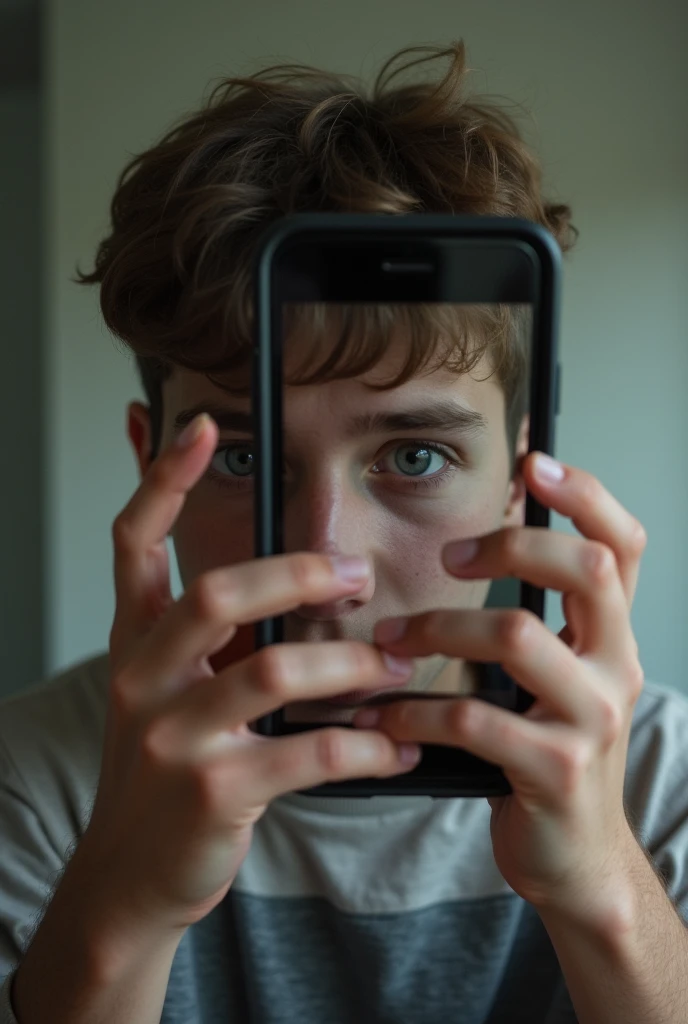 Mirror selfie 16yr old boy eyes nose mouth are covered By the phone and face is tilted 45°