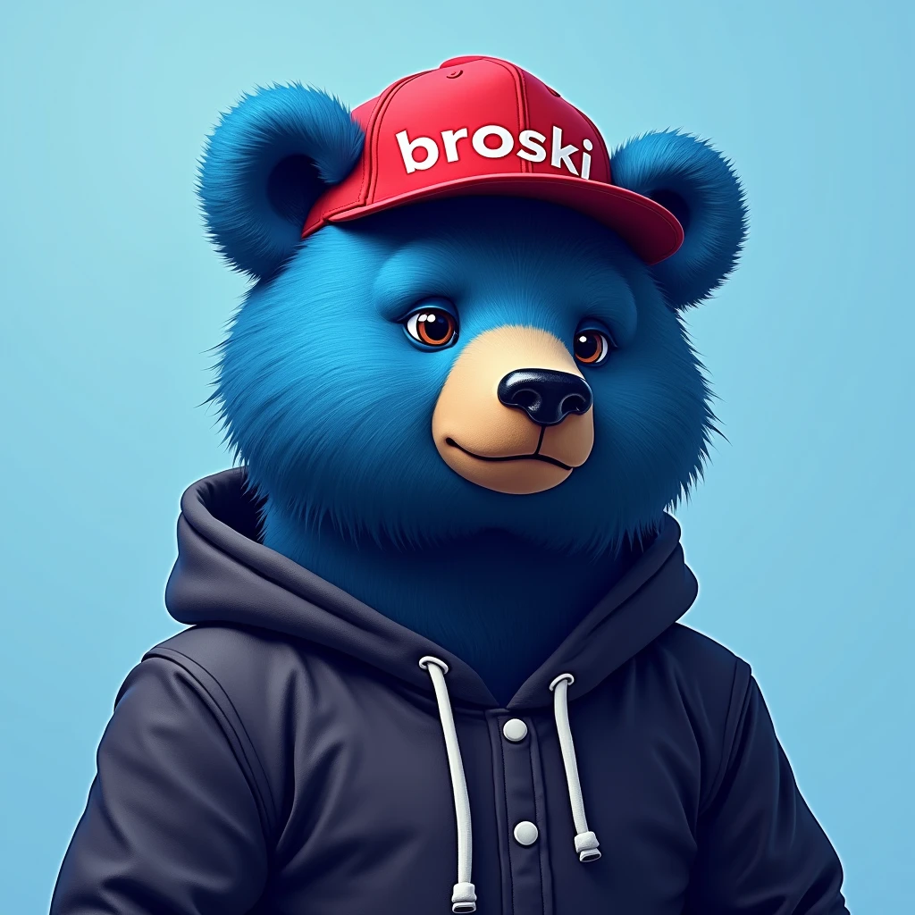 blue bear , light blue background , edgy , portrait , noble , red hat broski summer , Write broski on your hat