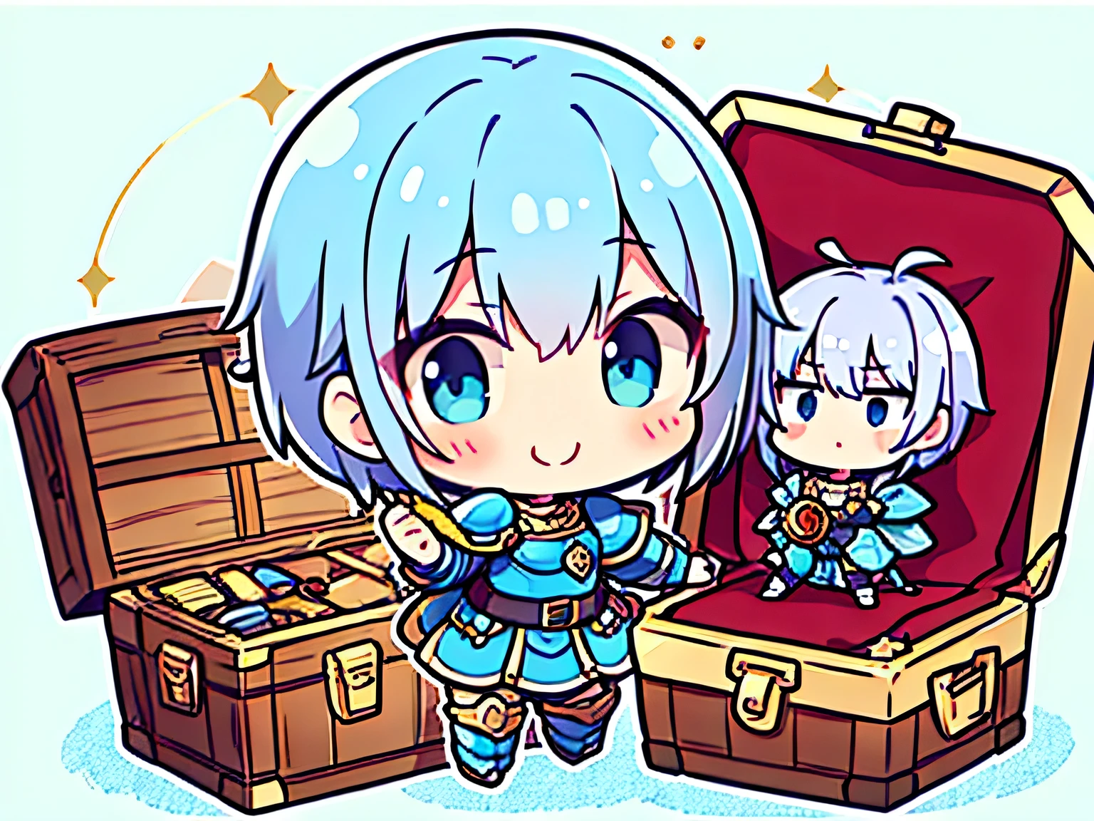 solo, fullbody, blue pixie cut, worried, mithril armor,When you open the treasure chest((Gold and silver treasure))、smile、(Silver Background)、Aurora Revolution