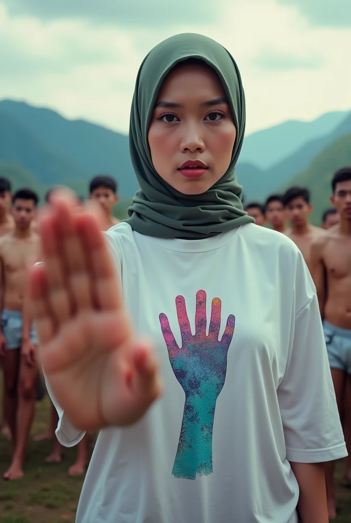 A hijaber indonesian pretty woman, wearing a tshirt long leging with a strong vector design featuring a silhouetted image of a five-fingered palm in pastel colour with love and light. The phrase "STOP FREE SEX" is displayed in bold simple elegand, distressed typography with pastel colours, while holding her skirt with legings, wearing hijab, one-handed pose pointing upwards, in a top of mountains, surrounded by many naked men, jav idol, with front shooting angle, very realistic, (complex detail: 0.9), (hdr, hyperdetail: 1.2), RAW, Sony Alpha a9 II, 24-105mm f/4, HDR,