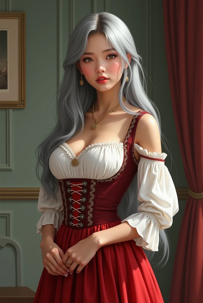 Young woman, Twenty years old, long silver hair, beautiful face,Asian face, Fair Skin, Big breasts,Thin waist, Big butt, Wearing Central European clothing, skirt, Central European period, 3D realistic style
