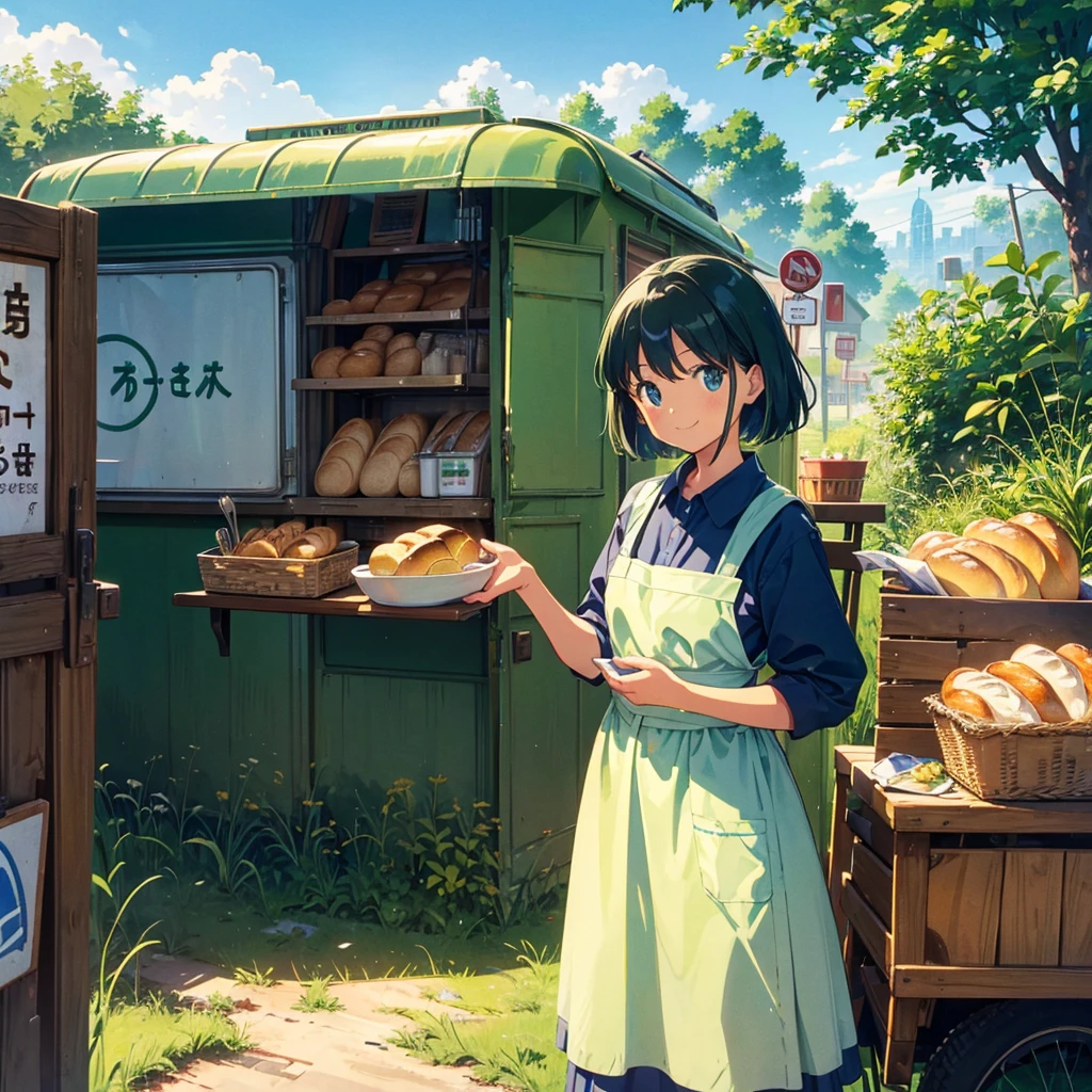 (Kitchen car, a lot of bread, signboard girl), 1 girl, solo, Portrait, smile, Holding a bucket of bread, ivy, grassland, Blue sky, Aprons, signs, retro blue-green cars, Picnic,