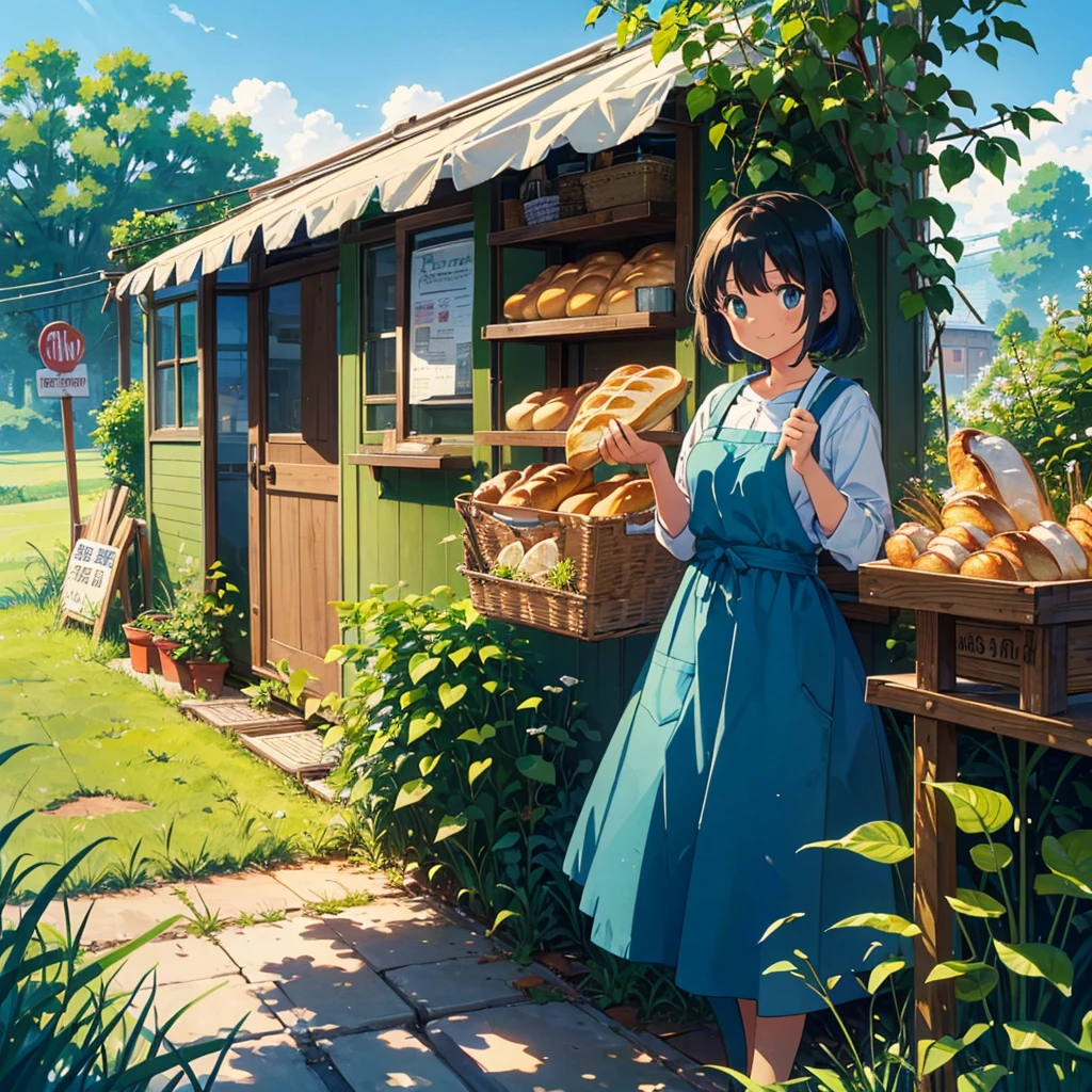 (Kitchen car, a lot of bread, signboard girl), 1 girl, solo, Portrait, smile, Holding a bucket of bread, ivy, grassland, Blue sky, Aprons, signs, retro blue-green cars, Picnic,