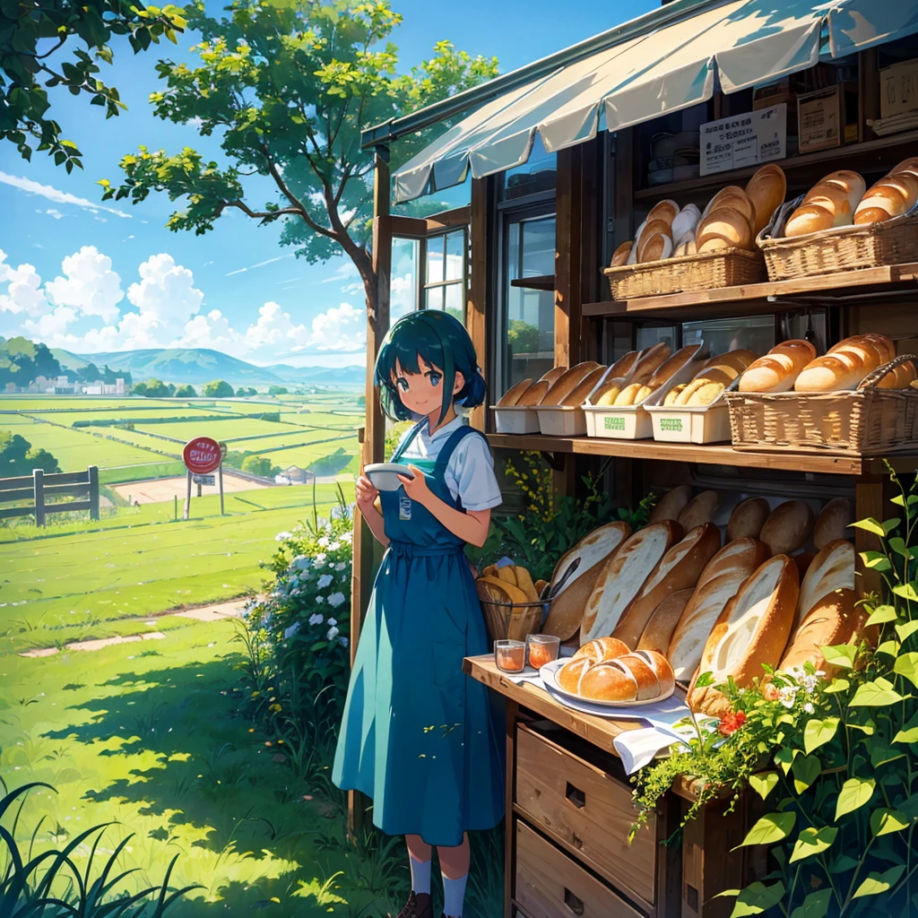 (Kitchen car, a lot of bread, signboard girl), 1 girl, solo, Portrait, smile, Holding a bucket of bread, ivy, grassland, Blue sky, Aprons, signs, retro blue-green cars, Picnic,