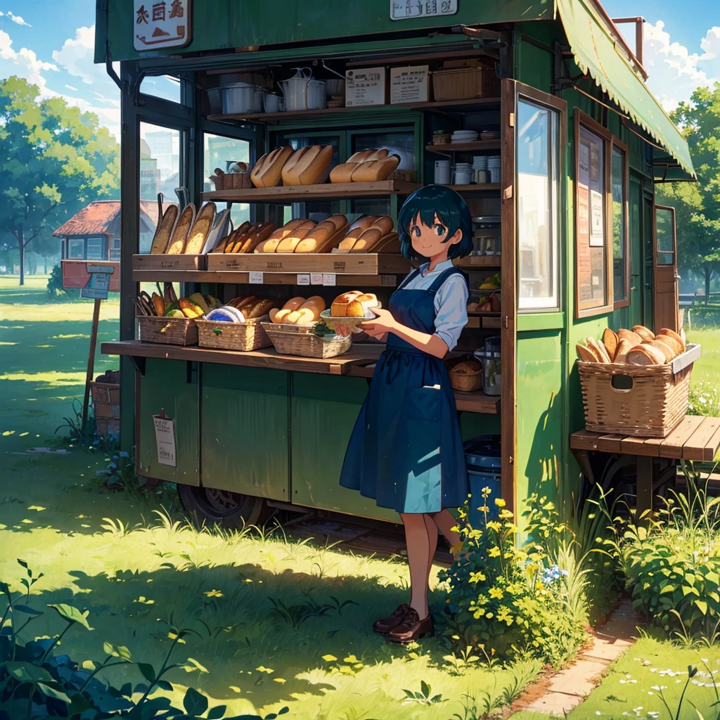 (Kitchen car, a lot of bread, signboard girl), 1 girl, solo, Portrait, smile, Holding a bucket of bread, ivy, grassland, Blue sky, Aprons, signs, retro blue-green cars, Picnic,