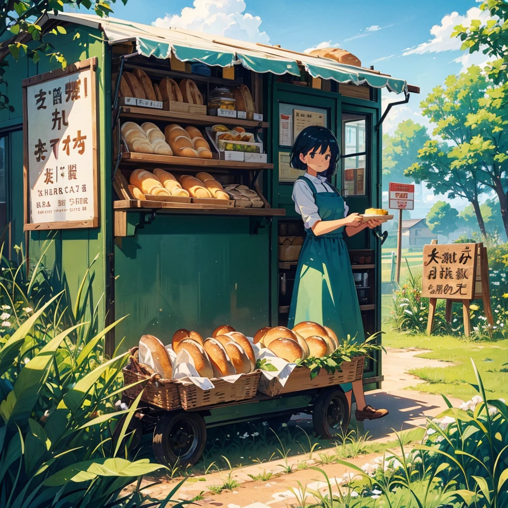(Kitchen car, a lot of bread, signboard girl), 1 girl, solo, Portrait, smile, Holding a bucket of bread, ivy, grassland, Blue sky, Aprons, signs, retro blue-green cars, Picnic,