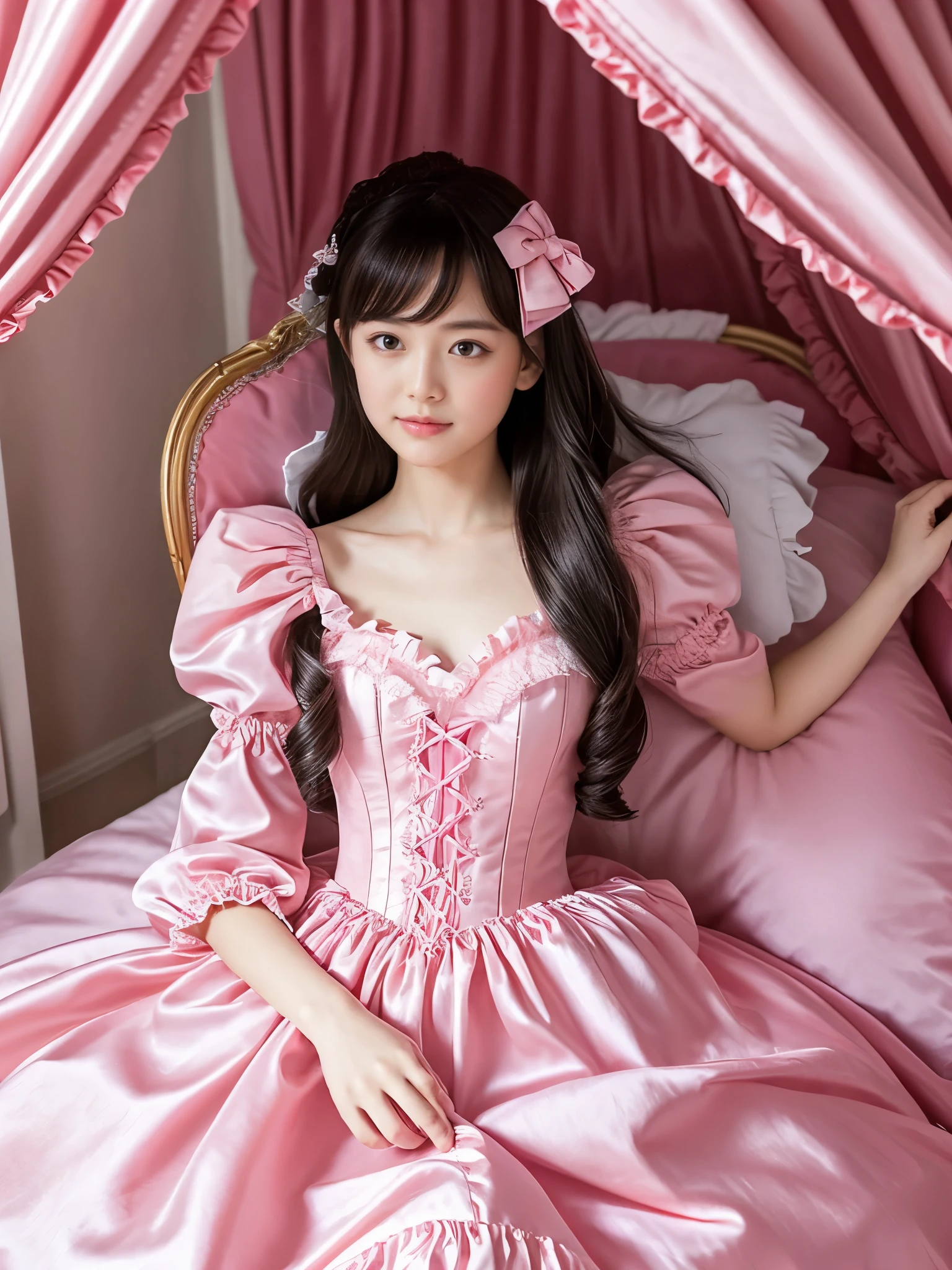 highest quality, masterpiece, highest resolution, artwork, super それにget used to it, many get used to it, get used to it, それにget used to it,(Loli),Child Girl, ,the girl is a princess,((girly dark pink satin fabric)), Long hair that reaches to the waist,((A Victorian ballgown dress with plenty of pink ruffles and bows and a voluminous full-length hoop skirt.)),long sleeve,((long dress that covers your legs)),A dress with lots of frills and ribbons..,luxury,((Palace bedroom)),((Huge square victorian canopy king size bed)),(((the girl is lying on the bed))),,(The girl is asleep),(((Sleeping Princess))),lots of frilly pillows,ruffle bed skirt,