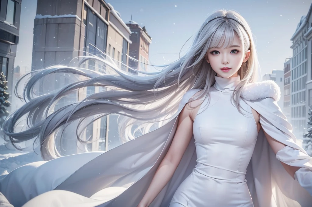 (From the waist up:1.5)((masterpiece:1.5、8k、Portraiture、フォトリアリスティックでVery detailedなCG、Very detailed、Particle Effects、Dynamic Effects、Written boundary depth、Cinematic Light、Lens flare、Ray Tracing、Tabletop、Realistic:1.4、Ultra-high resolution:1.2))((1girl, honeystyle, winter, Turtleneck dress,Sleeveless、Woman in a black fur coat:1.4、sideboob、bright表情、young, bright, Whiter skin、Small breasts:1.4、Cute Face、Grey hair with shiny highlights:1.8、bright and shiny hair,、Arranged Hair、Hair dancing in the wind))(morning、In the background is a snowy hill overlooking the ruins....)