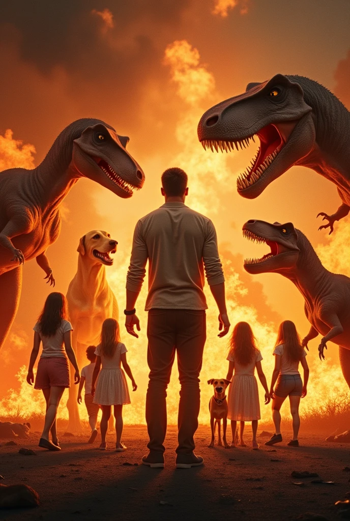 Man in fire with 5 girls nd 2 dog nd 2 dinosaur 
