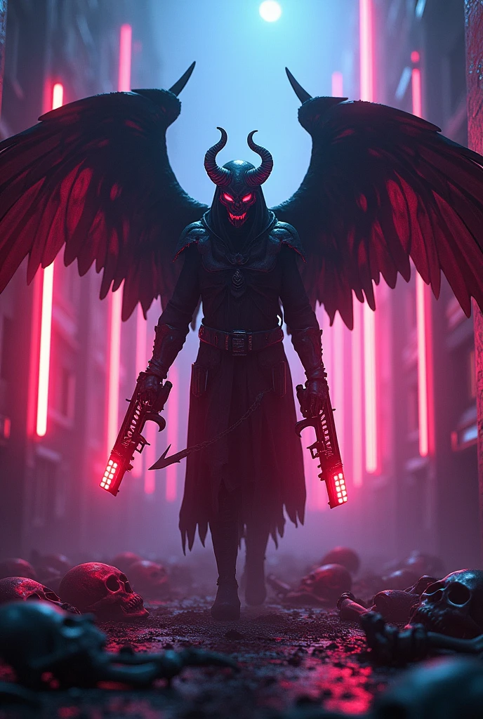 Horror Gaming profile with wings in the air holding two guns skulls on the ground neon lights everywhere