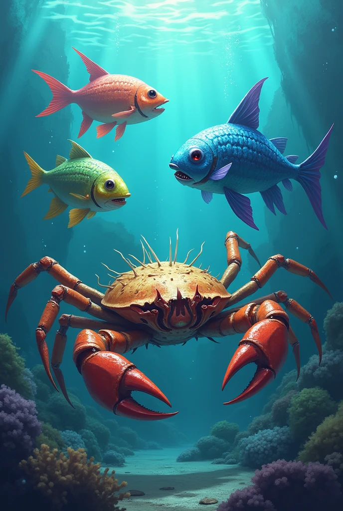 Draw the underwater world: armed, colorful fish, crab. realistically. Photo