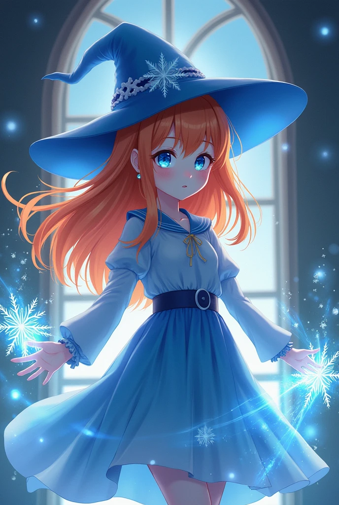 a witch, she has orange hair long, her face is quite innocent and blue eyes. She was standing in the room and using ice magic to create floating snowflakes. She's so adorable. anime girl