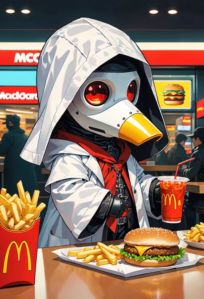 (masterpiece, best quality:1.1), (ultra highres, ultra-detailed:1.2),pop-art style,flatcolor, (he is eating a big mac),sitting,French fries, juice, and McNuggets are placed on the table,(in McDonald's shop), BREAK chibi-boy,((wearing plague-doctor costume,plague-doctor's white mask)),eyes glow red,black hood and lab-coat, mecha arm,
