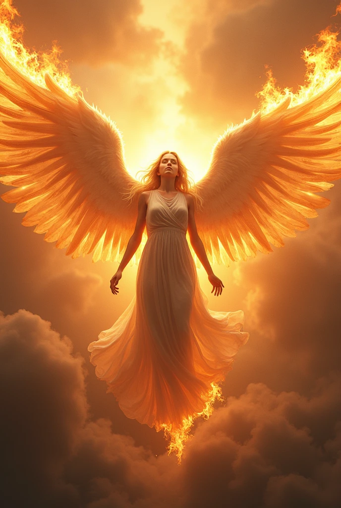 I want a realistic image of the Spirit of God, winged by a person, that contains fire around it, that the creation is Full 8k