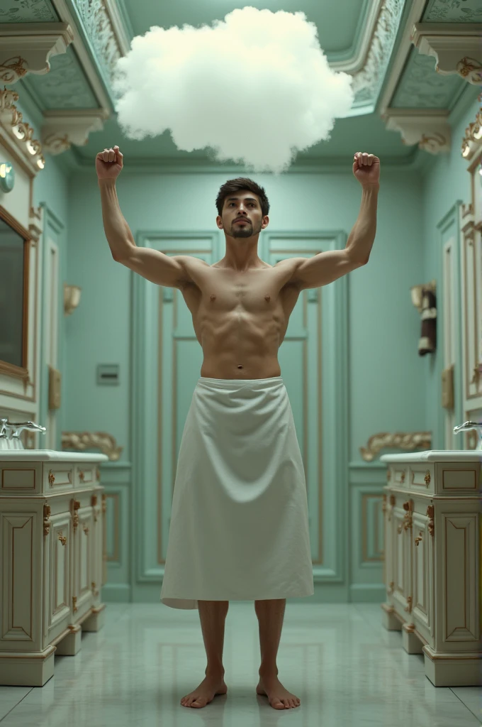 a shirtless young man standing in a bathroom, white apron, in style of thawan duchanee, Raise your arms, have armpit , tv show, ornate hospital room, cap, fat cloud, love os begin of all, leather padding, most memorable scene, with the body of a goddess, marshmallow, cloth sim, in 2 0 1 5, app