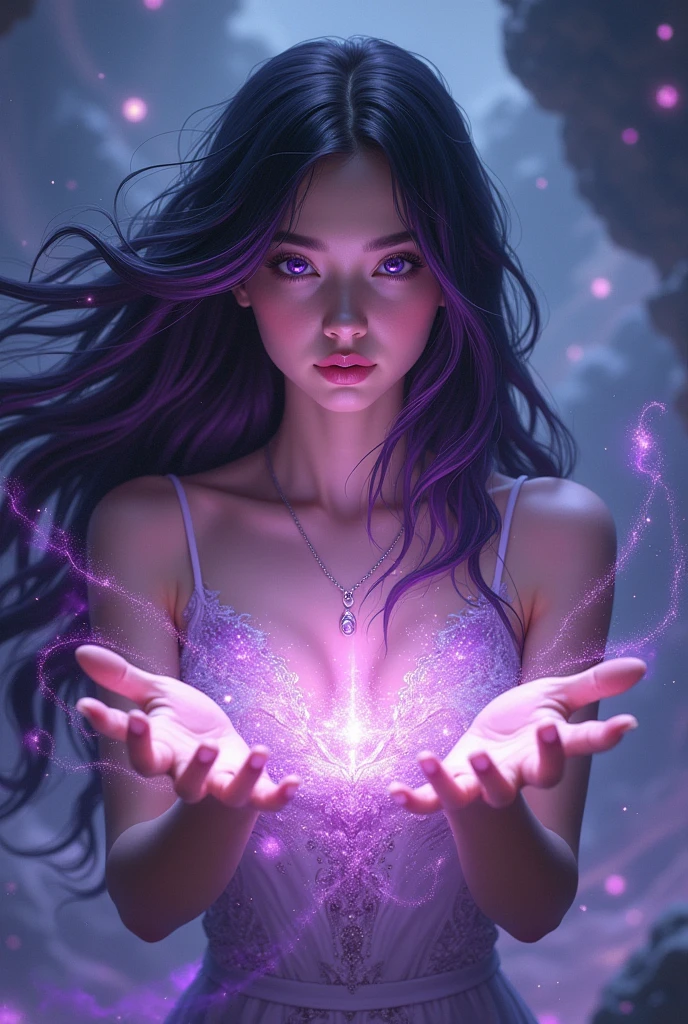 Make a black haired girl with purple highlights, with purple eyes and cosmic powers coming out of his hands.