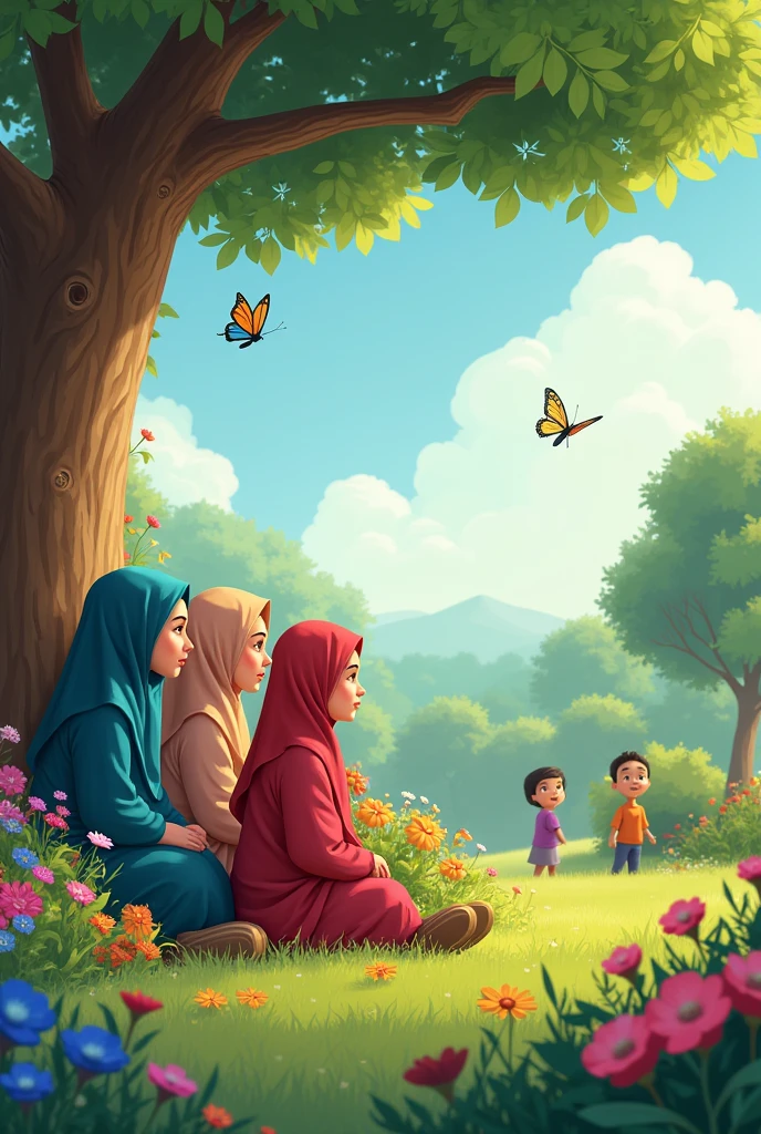 Muslim girls sitting near a tree at a garden. All of them faces towards a fixed point. There is also flowers and butterflies. Some children plays around them. Hd cartoon image 