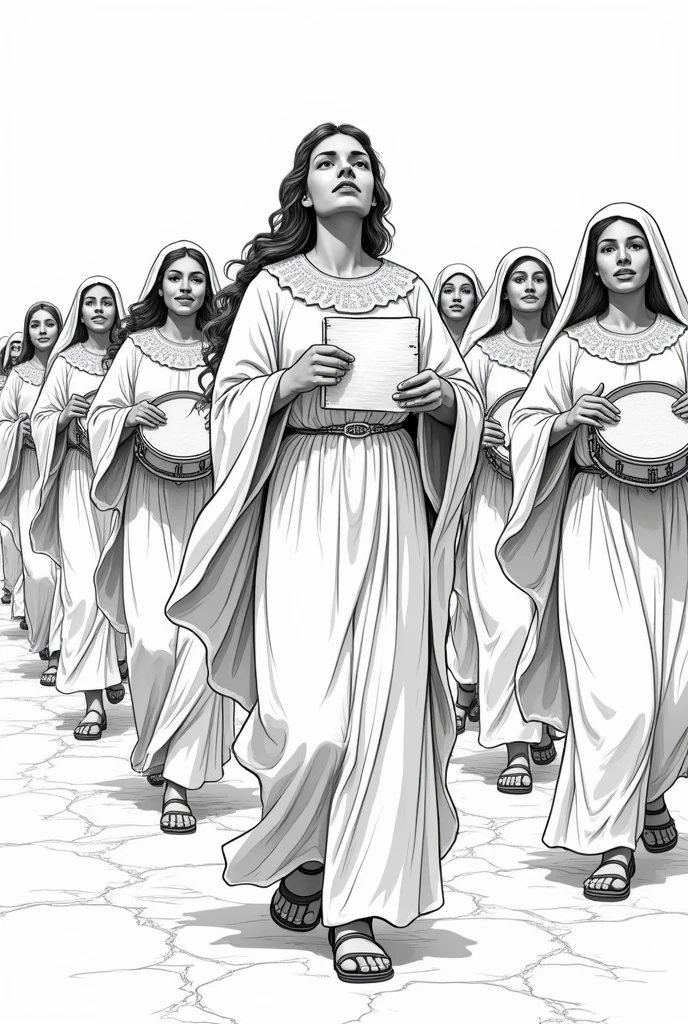 "Mary, the prophetess, picked up a tambourine and a parchment, and behind her came all the women playing tambourines and dancing". The women had light brown skin tone.
That the image comes out in line drawing.