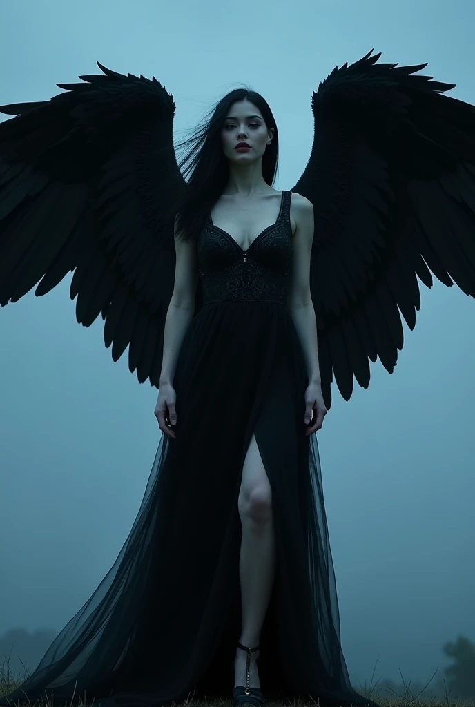 A woman in a long (suggestive dress) of a gothic style, body with pale skin, hair lifted by the wind, straight long black hair, two pairs of black wings, spread black wings, thick thighs, full body, turned legs, (full sky of background:1.2), deep blue tones, soft lighting, (masterpiece, best quality:1.2)
