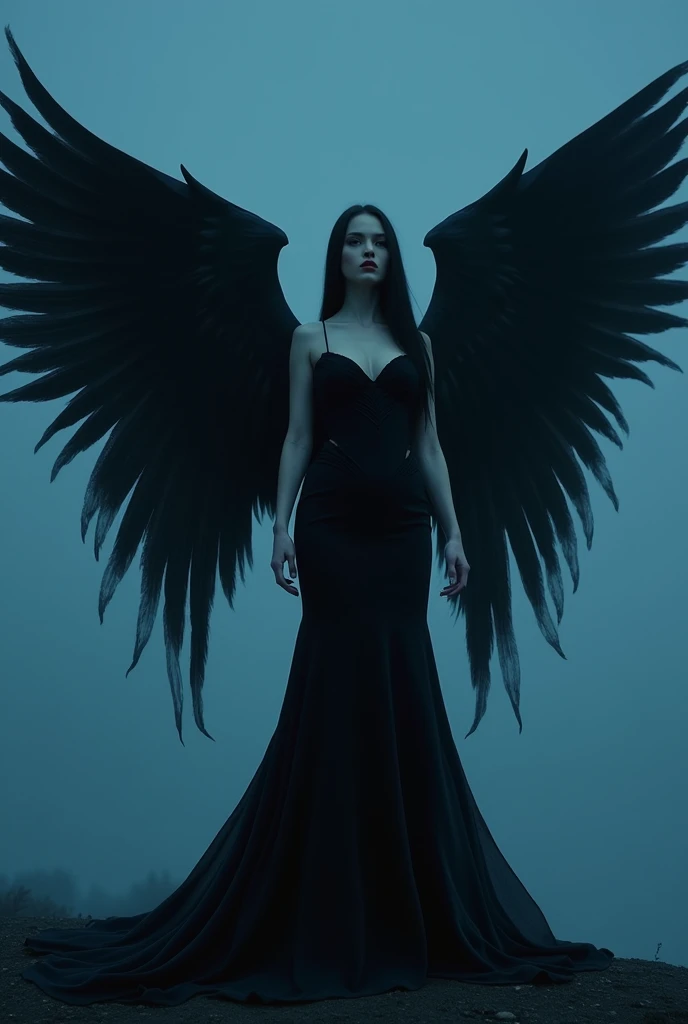 A woman in a long (suggestive dress) of a gothic style, body with pale skin, hair lifted by the wind, straight long black hair, two pairs of black wings, spread black wings, thick thighs, full body, turned legs, (full sky of background:1.2), deep blue tones, soft lighting, (masterpiece, best quality:1.2)