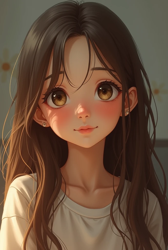 Realistic twelve year old girl with long brown hair, very nice