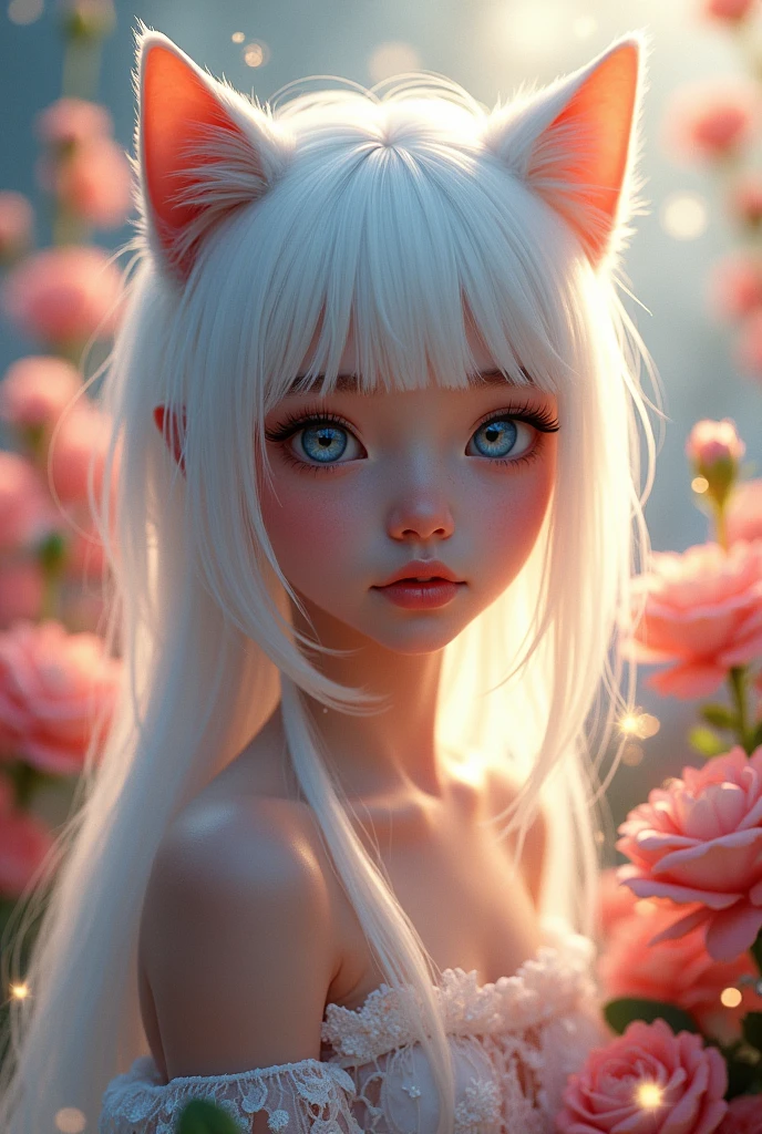 White hair Cat ears No human ears Cute blue eyes Teenager Light pouring in front of flower Sparkling background High quality