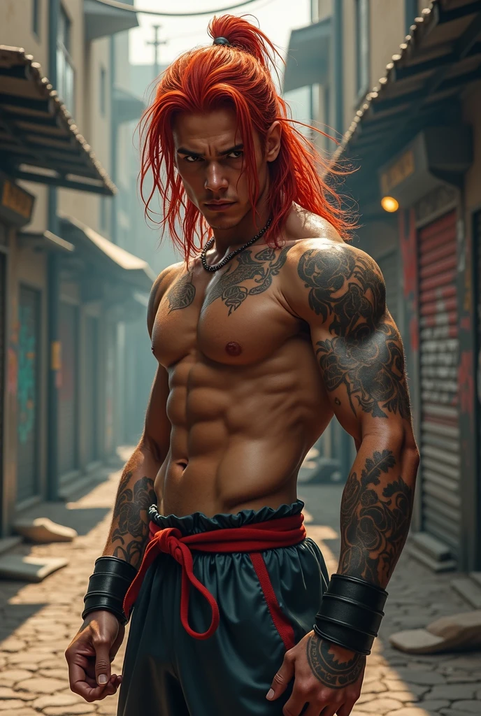 A young man street fighter, with long red hair, dark skin and brown eyes.