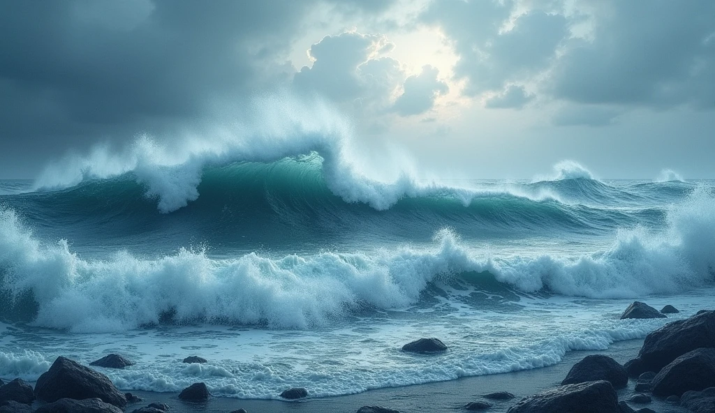a raging stormy sea,watercolor painting,dramatic cloudy sky,crashing waves,white foaming water,windy atmosphere,deep blue tones,rough ocean,moody lighting,atmospheric depth,beautiful natural scenery,reflections on water,dramatic color palette,(best quality,4k,8k,highres,masterpiece:1.2),ultra-detailed,(realistic,photorealistic,photo-realistic:1.37),award winning