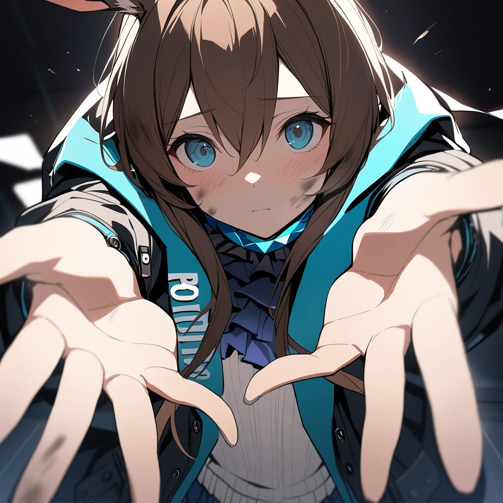 One person, Amiya \(Arknights\), Arknights, Dirty Face, Outstretched Hand, close, Movie angle, Shorthand, dark, dark background, masterpiece, Highest quality