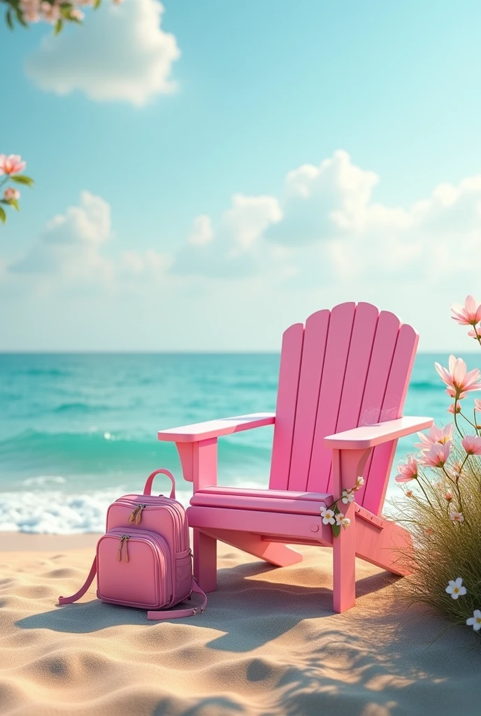a pink chair with flowers and a backpack on the shore