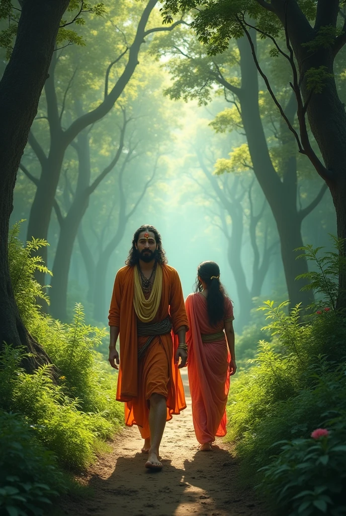 Opening scene:** Scene of ancient forest, where Lord Shri Ram, Mother Sita, and Lakshman are walking together. A glimpse of slight fatigue and hunger is visible on his face. Dense forest and greenery all around. Ratio 9.16 in 4 pic