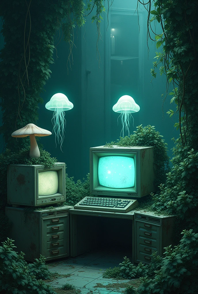 (mossy and lush vintage computers that is full of plants and hanging vines in a destroyed mossy room) (glowing
and floating jellyfish) (colorless mushroom) (odd plant) (studio ghibli theme) (make it more anime or cartoon than realistic) (make it more colorless and mysterious)
