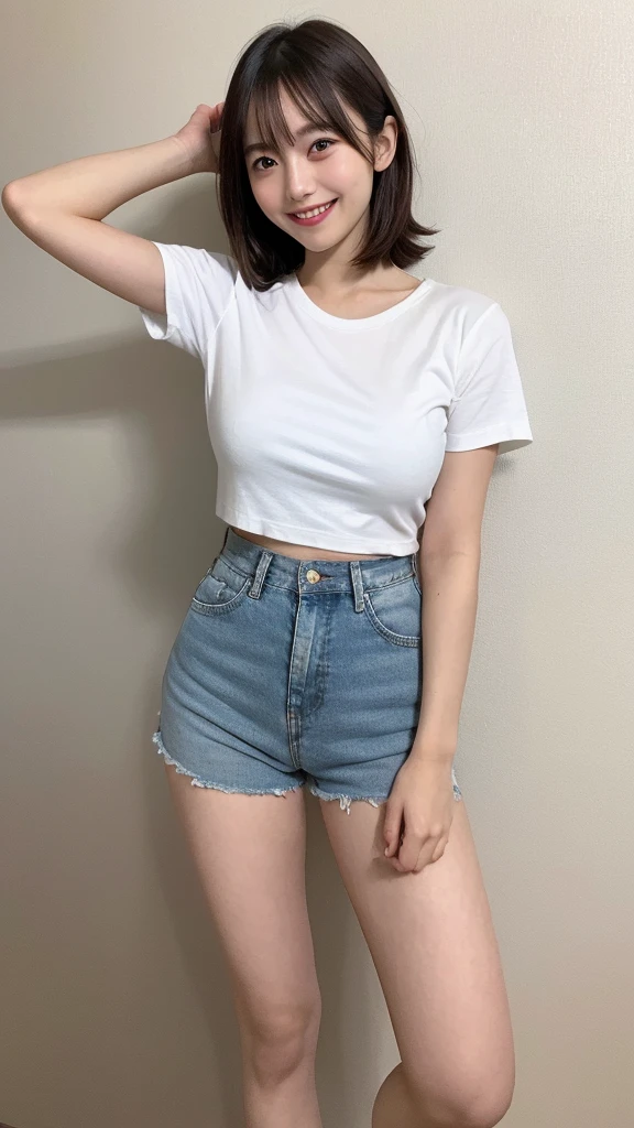 Highest quality, shape, Very detailed, finely, High resolution, 8k wallpaper, Perfect dynamic composition, Beautiful and detailed, Natural Lip, whole body,(((The background is in the room)))(((Wear a white T-shirt)))(((A kind smile)))1 japanese woman, short hair, wearing white tunk top, short denim,full body, smile