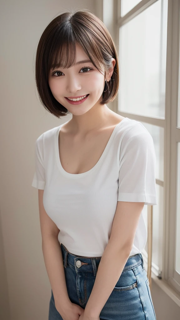 Highest quality, shape, Very detailed, finely, High resolution, 8k wallpaper, Perfect dynamic composition, Beautiful and detailed, Natural Lip, whole body,(((The background is in the room)))(((Wear a white T-shirt)))(((A kind smile)))1 japanese woman, short hair, wearing white tunk top, short denim,full body, smile