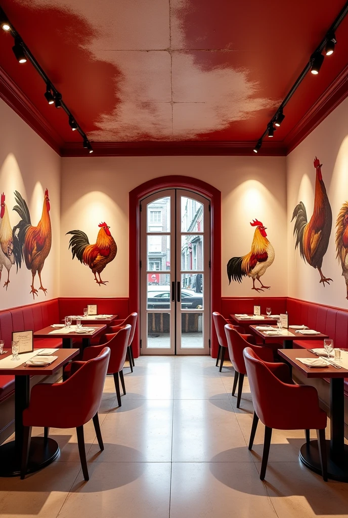 A huge salon for a restorant, Walls panited white and red and Has a Chicken picture, red and white abstract cceiling with d/f spot lights, redish Brown light from the spot lights, Has a glass door that opens in two sides,has picture of two faced each other Chickens on the doors,Red color tableas with white chares scaterd ,Menu on every table,
