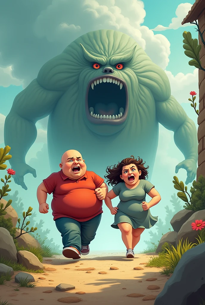 Cartoon style Chibi, a bald, obese white man and an obese light-brown woman running from a giant evil mist