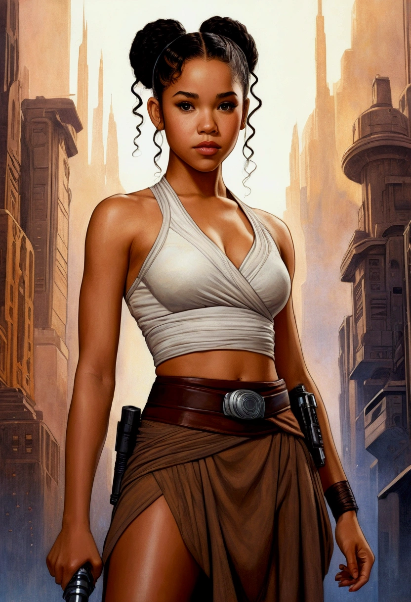An illustrated movie poster, hand-drawn, full color, a age Jedi, 18-years-old, female, wearing a crop top and a skirt, athletic hourglass figure, busty bosoms, full wide hips, massive round butt, long shapely legs, ridiculously thick powerful thighs, hazel eyes, dark hair, curly ponytail, warm brown complexion, resembles Alexandra Shipp, standing above Coruscant, graphite shading, stencil marks, airbrushed acrylic paint, masterpiece, in the style of Drew Struzan