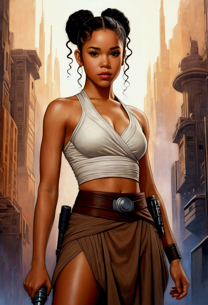 An illustrated movie poster, hand-drawn, full color, a teenage Jedi, 18-years-old, female, wearing a crop top and a skirt, athletic hourglass figure, busty bosoms, full wide hips, massive round butt, long shapely legs, ridiculously thick powerful thighs, hazel eyes, dark hair, curly ponytail, warm brown complexion, resembles Alexandra Shipp, standing above Coruscant, graphite shading, stencil marks, airbrushed acrylic paint, masterpiece, in the style of Drew Struzan 