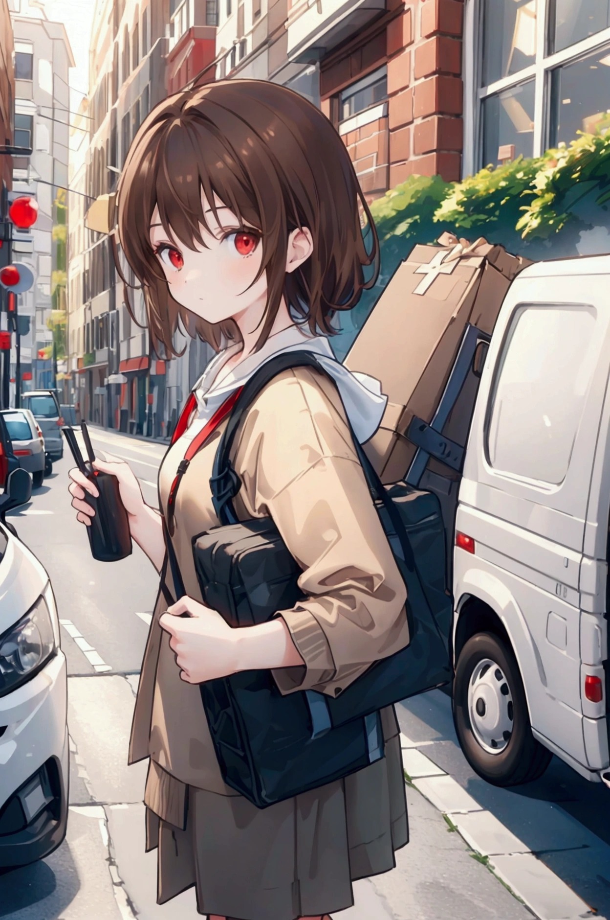 Light cargo,One person, masterpiece, Shortcuts, Brown Hair, Red eyes, Wide-angle shot, Delivery Person,Baggage,Cardboard,Light van