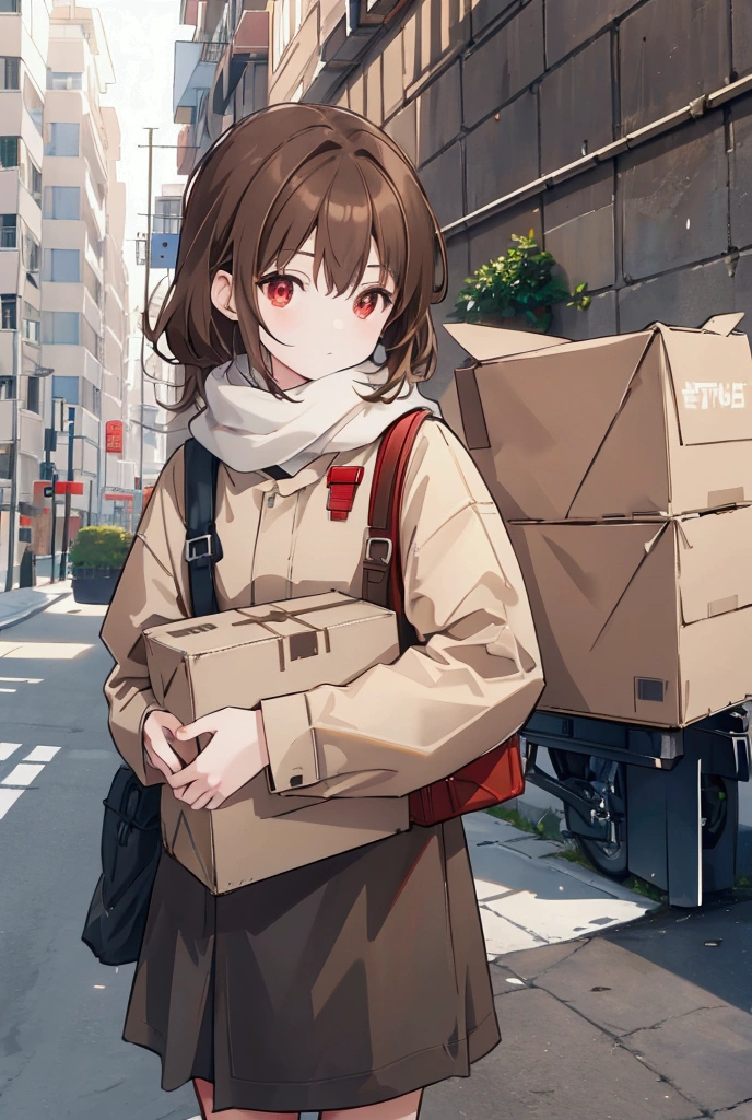 Light cargo,One person, masterpiece, Shortcuts, Brown Hair, Red eyes, Wide-angle shot, Delivery Person,Baggage,Cardboard,Light van