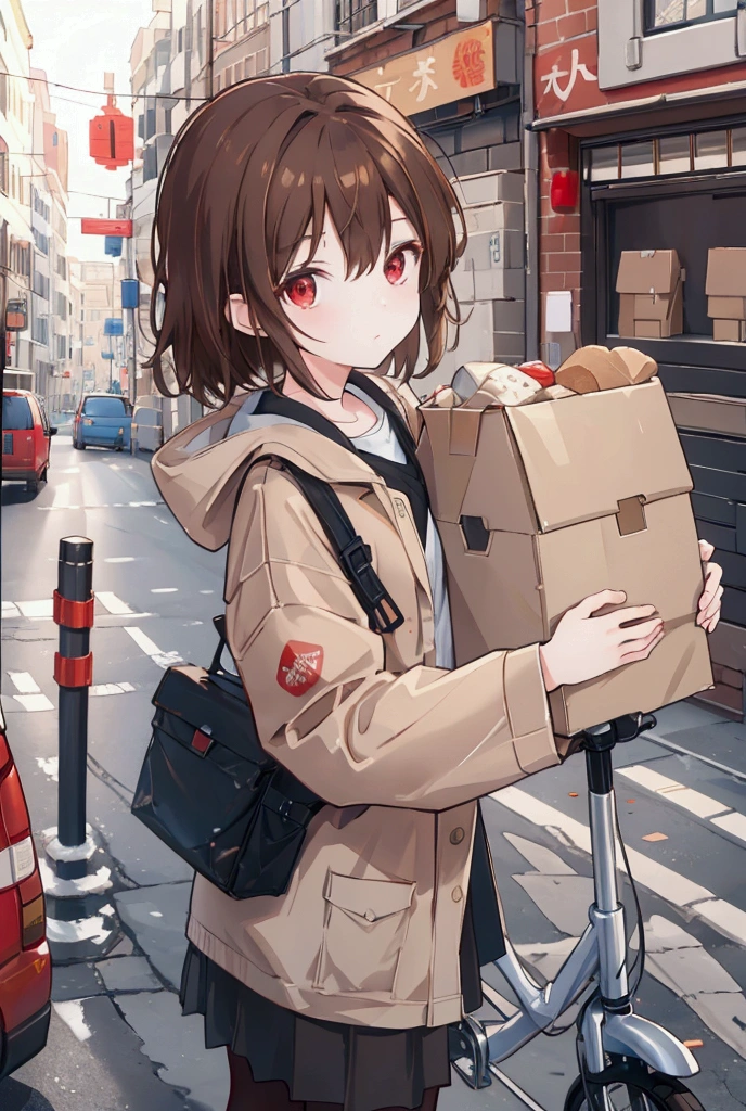 Light cargo,One person, masterpiece, Shortcuts, Brown Hair, Red eyes,  Wide-angle shot, Delivery Person,Baggage,Cardboard,Light van