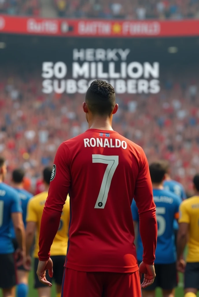 Ronaldo celebrate 50milion youtube subscribers...

A banner shows 50M subscribers done in the background... So many people enjoying in background and they wear blue, yellow, white, black, orange tshirts not any jersey...

Ronaldo turn back side,  his jersey number 7 and jersey and pant colour is red.... Only a YouTube logo in jersey.... Simple hairstyle 


Look real