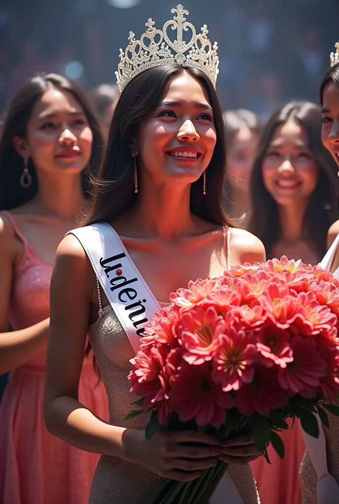 Miss Indonesia cry over win Miss universe while wearing crown with flower in hand  and sash "Miss universe", around the other participant 