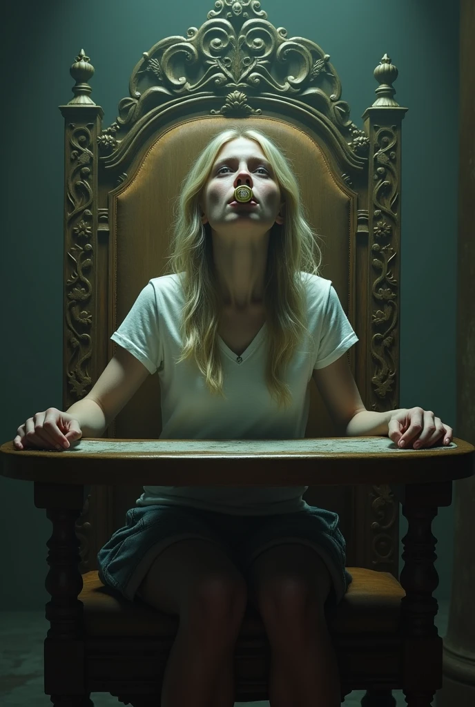 A scared woman sitting in a 's high chair. She has a pacifier in her mouth. Blonde pigtails