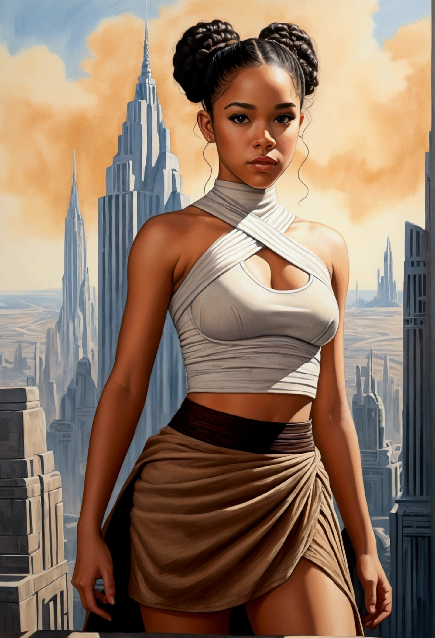 An illustrated movie poster, hand-drawn, full color, a age Jedi, 18-years-old, female, wearing a crop top and a skirt, athletic hourglass figure, busty bosoms, full wide hips, massive round butt, long shapely legs, ridiculously thick powerful thighs, hazel eyes, dark hair, curly ponytail, warm brown complexion, resembles Alexandra Shipp, standing above Coruscant, graphite shading, stencil marks, airbrushed acrylic paint, masterpiece, in the style of Drew Struzan