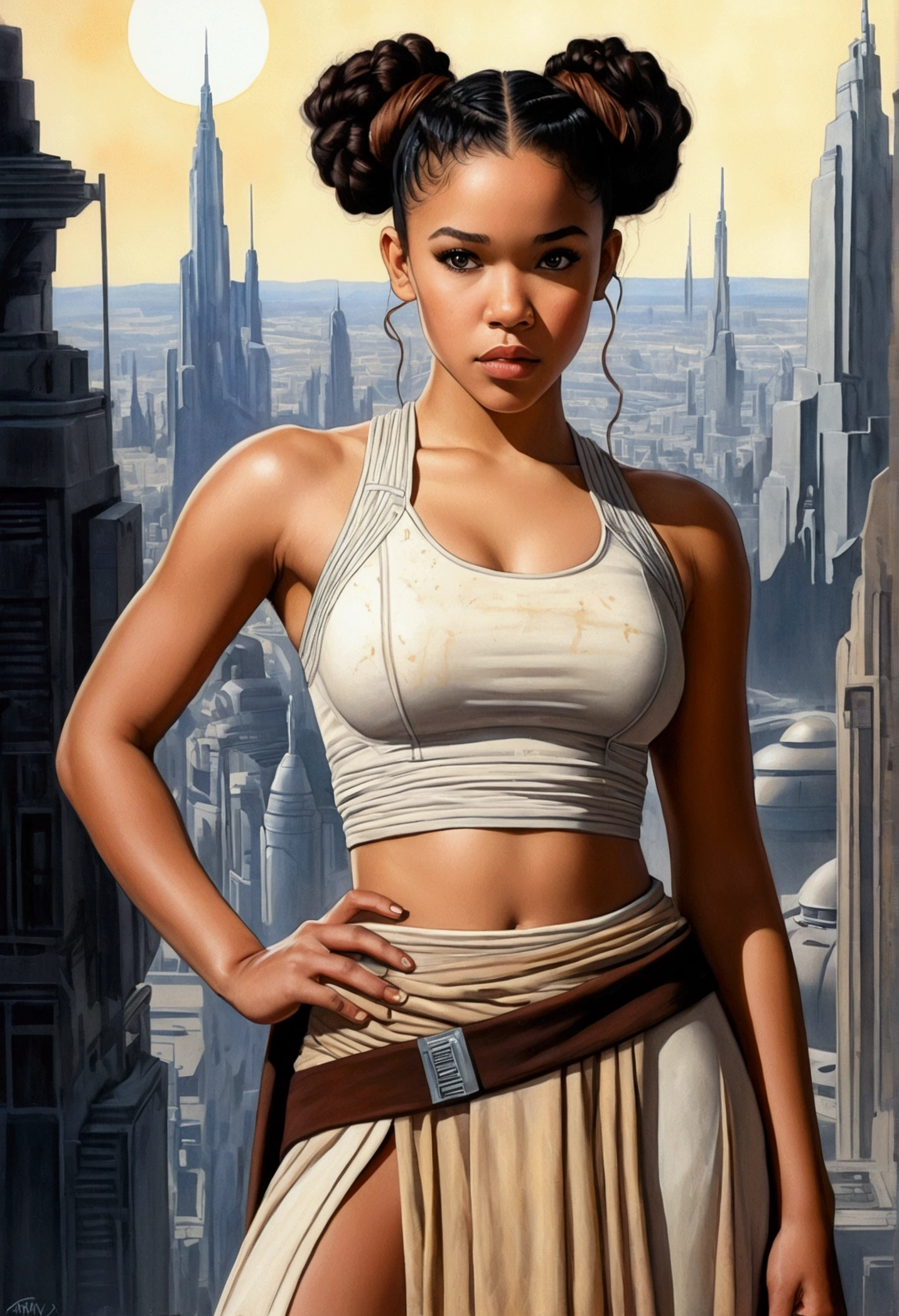 An illustrated movie poster, hand-drawn, full color, a teenage Jedi, 18-years-old, female, wearing a crop top and a skirt, athletic hourglass figure, busty bosoms, full wide hips, massive round butt, long shapely legs, ridiculously thick powerful thighs, hazel eyes, dark hair, curly ponytail, warm brown complexion, resembles Alexandra Shipp, standing above Coruscant, graphite shading, stencil marks, airbrushed acrylic paint, masterpiece, in the style of Drew Struzan