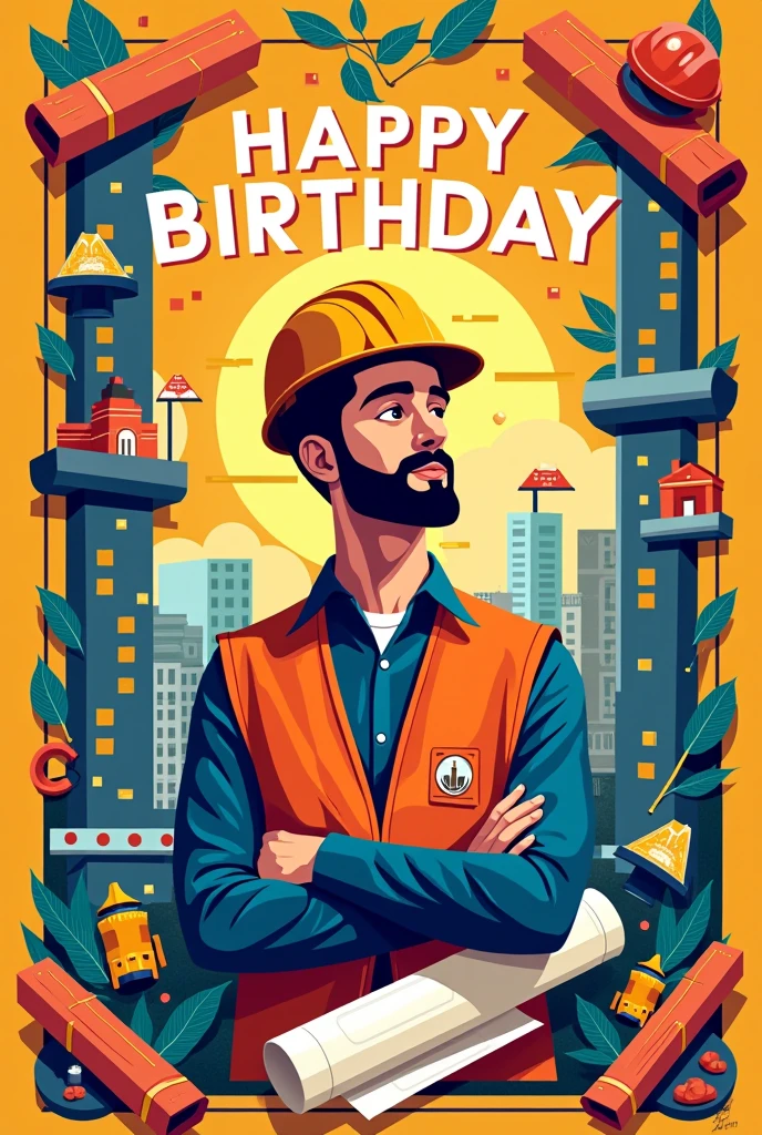 Create a poster that says happy birthday Rodrigo remembers that he is a man and an architect , that no character appears. Have a very festive style