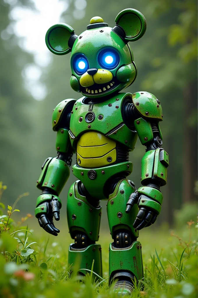 Animatronic with humanoid body. Grass green and lime color. two meters high. bright blue eyes. Similar to the fnaf animatronics