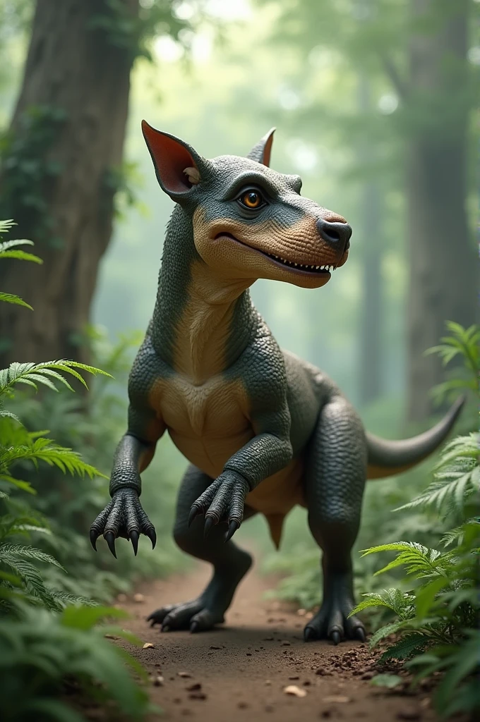 A dinosaur and a dog fused together